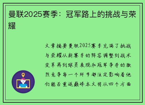 曼联2025赛季：冠军路上的挑战与荣耀